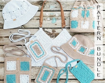 Sea Glass Collection - Crochet PATTERN Bundle: Granny Square Bags & Bucket Hat (PDF Download)