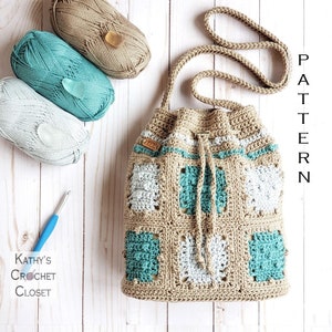 Crochet Bag PATTERN -  Sea Glass Drawstring Bag - DIY Crochet Bag - Crochet Shoulder Bag Pattern - Granny Square Bag Pattern