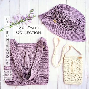 May include: A crochet pattern bundle featuring three crocheted items: a purple bucket hat, a purple tote bag with a tassel, and a cream-colored crossbody bag with a tassel. The text "Lace Panel Collection" is displayed on a white background.