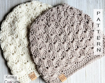 Crochet Beanie PATTERN - Wavy Shells Beanie Hat - Crochet Hat Pattern - DIY Crochet Hat - Shell Stitch Hat - Crochet Slouchy Beanie Pattern