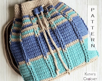 Crochet Bag PATTERN - Cable Stripes Backpack - Drawstring Bag Pattern - Striped Bag Pattern - DIY Crochet Backpack - Drawstring Purse