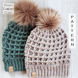 Crochet Beanie PATTERN Winter Woods Beanie Crochet Hat Pattern Waffle Stitch Crochet Pattern Fur Pompom Hat Pattern DIY Beanie image 1