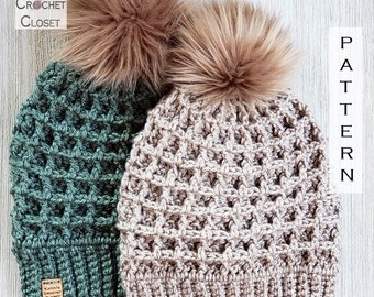 Crochet Beanie PATTERN - Winter Woods Beanie - Crochet Hat Pattern - Waffle Stitch Crochet Pattern - Fur Pompom Hat Pattern - DIY Beanie