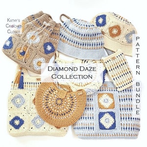 May include: A collection of crochet patterns for a hat, tote bag, small bag, and a pouch. The patterns are all in a diamond stitch and feature a color palette of beige, blue, and brown. The text "DIAMOND DAZE COLLECTION PATTERN BUNDLE" is displayed in the center of the image.
