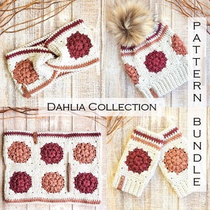 Crochet Pattern Bundle - Dahlia Collection - Dahlia Beanie - Dahlia Cowl - Dahlia Mitts - Granny Square Winter Patterns - Pattern Discount