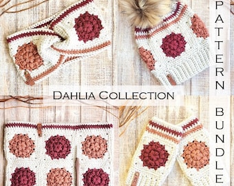 Crochet Pattern Bundle - Dahlia Collection - Dahlia Beanie - Dahlia Cowl - Dahlia Mitts - Granny Square Winter Patterns - Pattern Discount