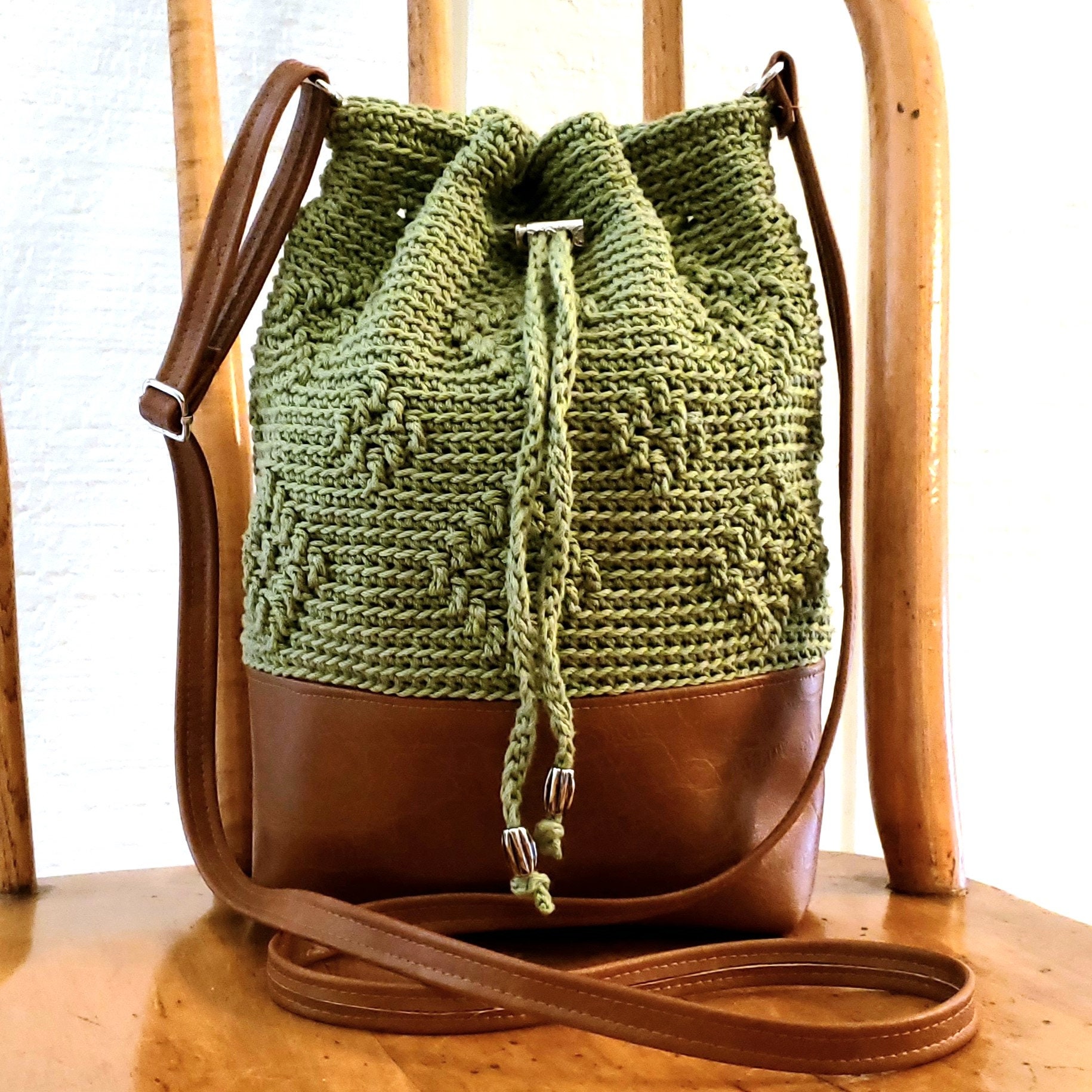Diamond Drawstring Bag With Vinyl Bottom - Crochet and Faux
