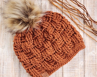 Women's Crochet Beanie - Rust Crochet Hat - Spice Beanie - Ginger Crochet Hat with Faux Fur Pompom - Rust Beanie