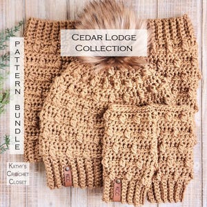 May include: A crochet pattern bundle for a hat and two pairs of fingerless gloves. The pattern is called "Cedar Lodge Collection". The hat and gloves are a light brown color and have a textured stitch pattern.