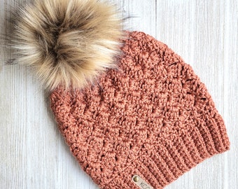 Women's Crochet Beanie - Cinnamon Slouchy Hat -  Copper Rust Slouchy Beanie - Russset Hat with Faux Fur Pompom - Cinnamon Slouchy Beanie