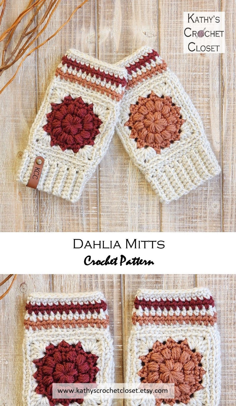 Crochet Mitts PATTERN Dahlia Mitts Crochet Fingerless Gloves Pattern Granny Square Mitts Texting Gloves Crochet Pattern image 5