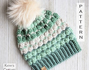 Crochet Hat PATTERN -  Eileen Beanie Pattern - DIY Crochet Beanie - Womens Hat Pattern - Crochet Beanie Pattern - Green Striped Hat Pattern