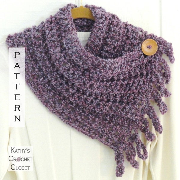 Crochet Scarf PATTERN - Fringed Button Scarf - Crochet Button Scarf - Crochet Fringe Scarf Pattern - Crochet Neckwarmer Pattern