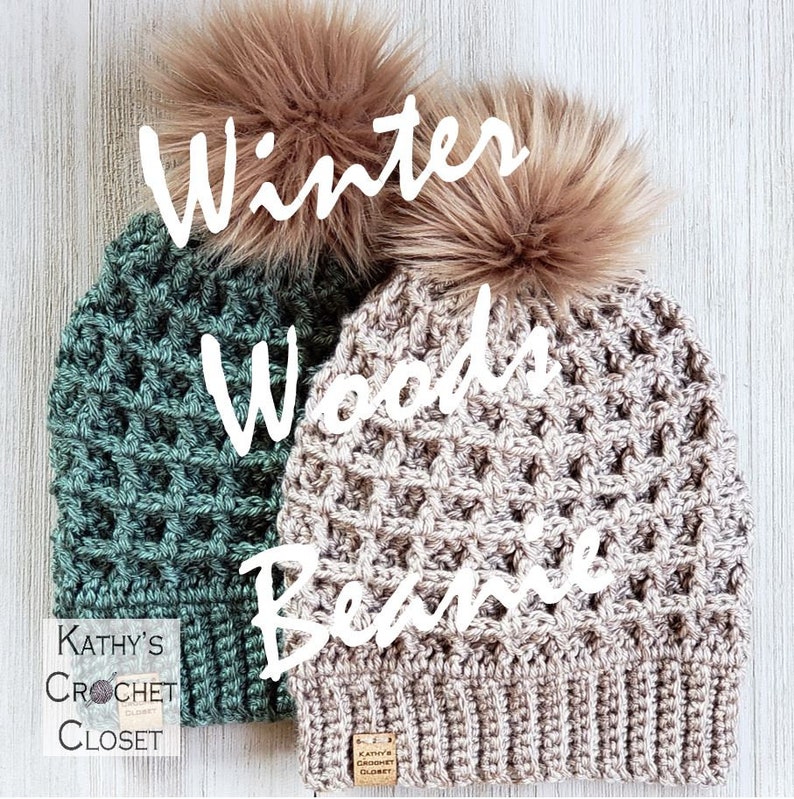 Crochet Beanie PATTERN Winter Woods Beanie Crochet Hat Pattern Waffle Stitch Crochet Pattern Fur Pompom Hat Pattern DIY Beanie image 8