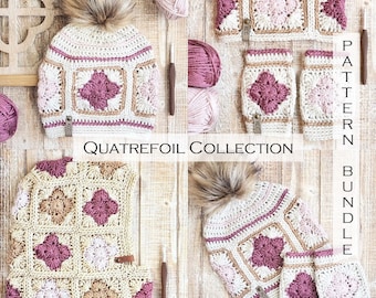 Crochet Pattern Bundle - Quatrefoil Collection - Quatrefoil Beanie - Quatrefoil Mitts - Granny Square Winter Patterns - Crochet Balaclava