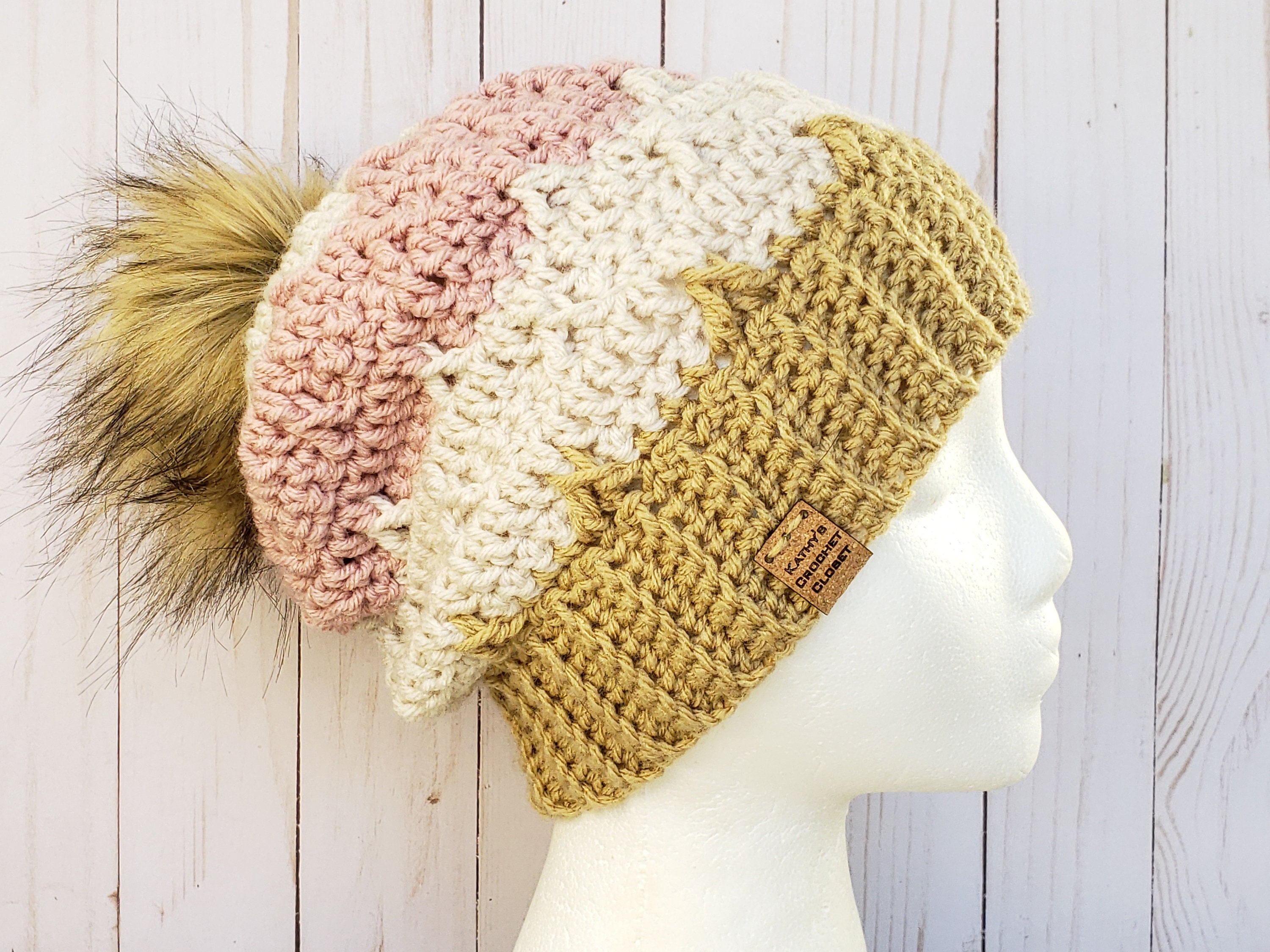 HANDMADE Crochet Cream Ponytail Beanie w/ Authentic Chanel Accent Button Ponytail Beanie - MatayaMade main image 2