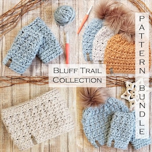May include: A crochet pattern bundle featuring a blue beanie, blue fingerless gloves, a beige cowl, and a beige beanie with a brown pom pom. The pattern bundle is called "Bluff Trail Collection".