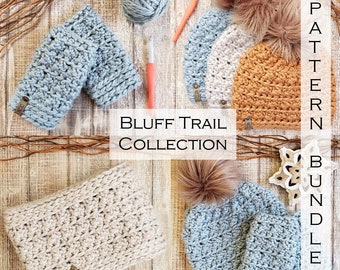 Crochet PATTERN Bundle - Bluff Trail Collection  - Bluff Trail Beanie - Crochet Infinity Scarf - Chunky Crochet Mitts - Pattern Discount -