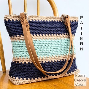 Crochet Bag PATTERN - Boardwalk Shoulder Bag - DIY Crochet Bag -  Striped Crochet Purse - Summer Crochet Bag - Navy Crochet Bag