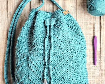 Crochet Drawstring Bag - Turquoise Drawstring Bag - Drawstring Shoulder Bag - Diamond Design Crochet Bag - Lined Drawstring Bag