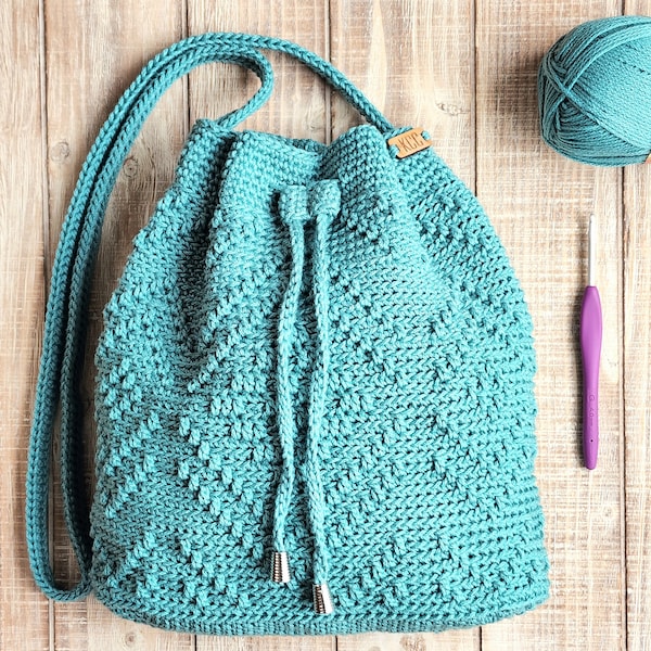 Crochet Drawstring Bag - Turquoise Drawstring Bag - Drawstring Shoulder Bag - Diamond Design Crochet Bag - Lined Drawstring Bag