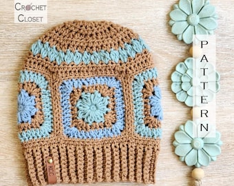 Petals Beanie - Crochet Floral Granny Square Hat PATTERN (PDF Download)