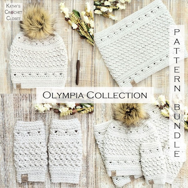 Crochet PATTERN Bundle - Olympia Collection  - Olympia Hat - Olympia Cowl - Olympia Mitts - Crochet Hat Pattern - Pattern Discount