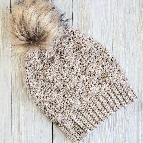 Beige Crochet Beanie - Light Tan Slouchy Hat - Beige Slouchy Beanie - Heather Beige Hat with Faux Fur Pom Pom - Knit Beige Slouchy Hat