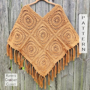 Crochet Poncho PATTERN - Reel Time Poncho - Poncho with Fringe Pattern - Boho Poncho Pattern - Granny Square Poncho