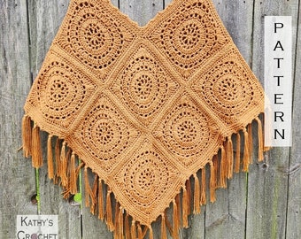 Crochet Poncho PATTERN - Reel Time Poncho - Poncho with Fringe Pattern - Boho Poncho Pattern - Granny Square Poncho