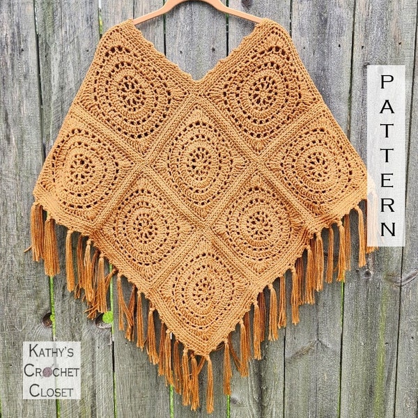 Crochet Poncho PATTERN - Reel Time Poncho - Poncho with Fringe Pattern - Boho Poncho Pattern - Granny Square Poncho