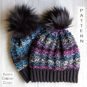 Crochet Hat PATTERN -  Facets Beanie - DIY Beanie Pattern - Womens Hat Pattern - Crochet Striped Beanie Pattern - Faux Fur Pompom Pattern