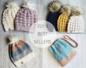 Crochet Pattern Bundle - Bestsellers of 2019 - Susan Slouchy Beanie - Market Waffle Hats - Spike Striped Beanie - Diamond Drawstring Bag