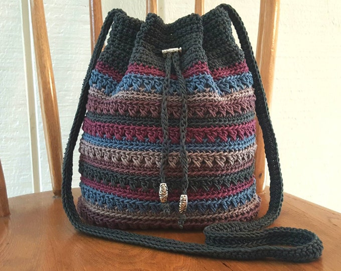 Crochet Crossbody Drawstring Bag Gray Blue Mauve Stripes Lined Etsy