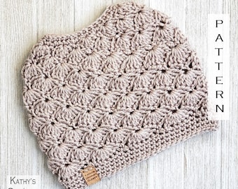 Wavy Shells Bun Hat - Crochet Ponytail Beanie PATTERN (PDF Download)