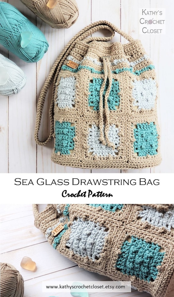 Sea Glass Drawstring Bag - Crochet Granny Square Cinch Purse  display picture 1