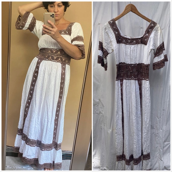 Vtg 70s Mexican Wedding Dress / White Brown Croche
