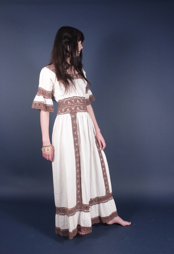 60s White Brown Crochet Mexican Wedding Dress | Bo