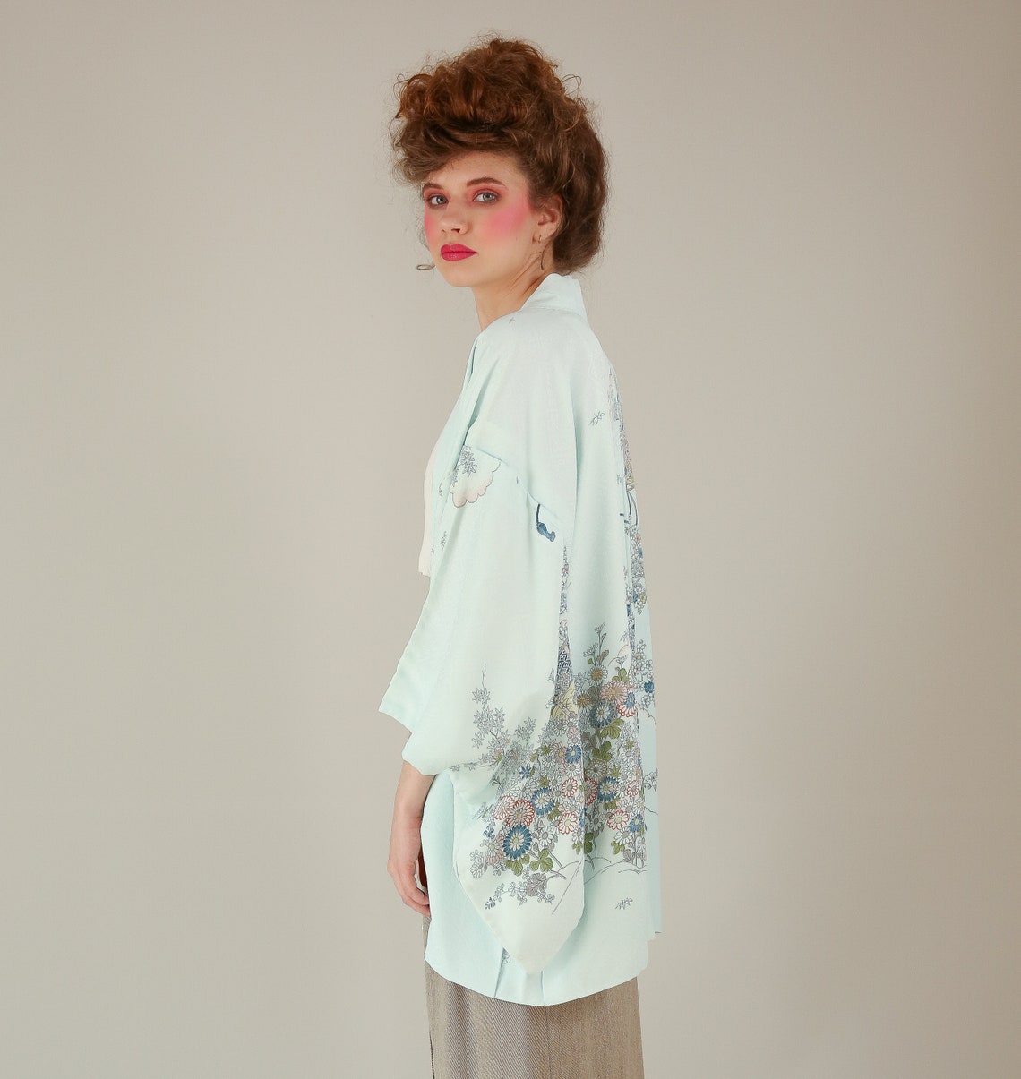Vtg Powder Blue 100 Silk Floral Cropped Kimono / Japanese Etsy