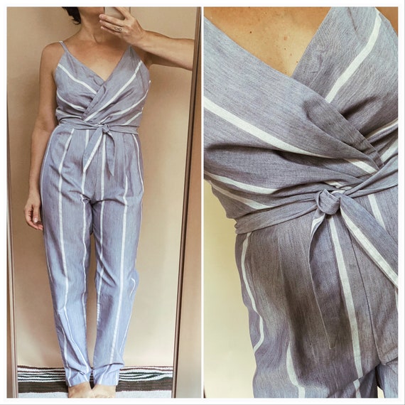 Vtg 70s Gray Jumpsuit / Striped Romper / Women’s X