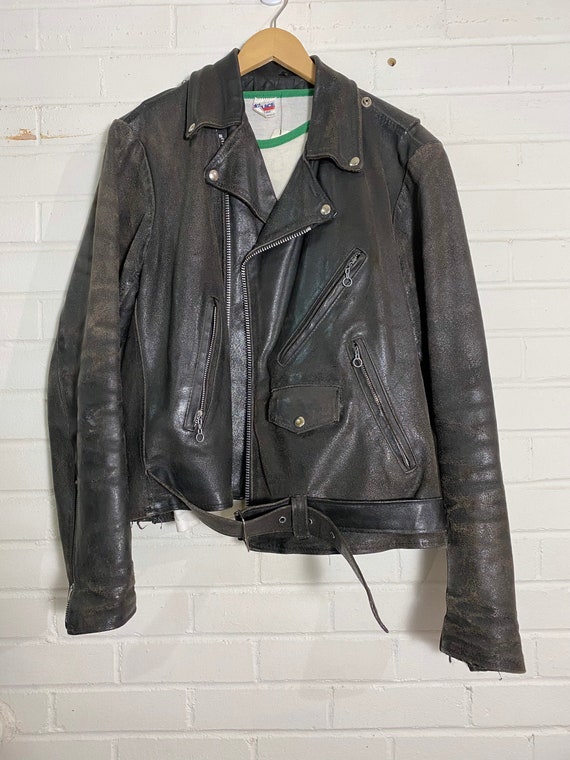 Vtg 80s Sears Distressed Black Leather Quilted Moto Jacket / | Etsy