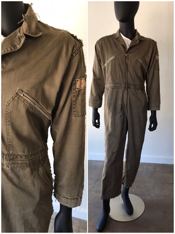 Vintage Distressed Army Green Workwear Coveralls /