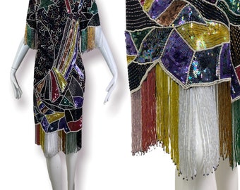 70s Carina Silk Beaded Fringe Dress / Sparkly Sequin Fringe Party Dress /  Medium