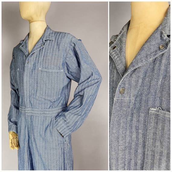 Vtg 70s Stone Cutter Blue Hickory Stripe Coveralls