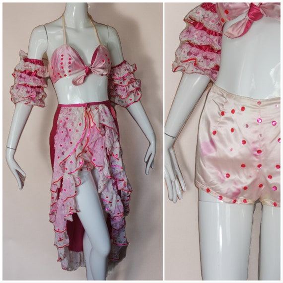 Vtg 50s Pink Ruffled Showgirl Costume / Satin Mage