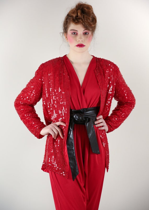 Vtg 80s Red Silk Sequin Jacket / Beaded Disco Jac