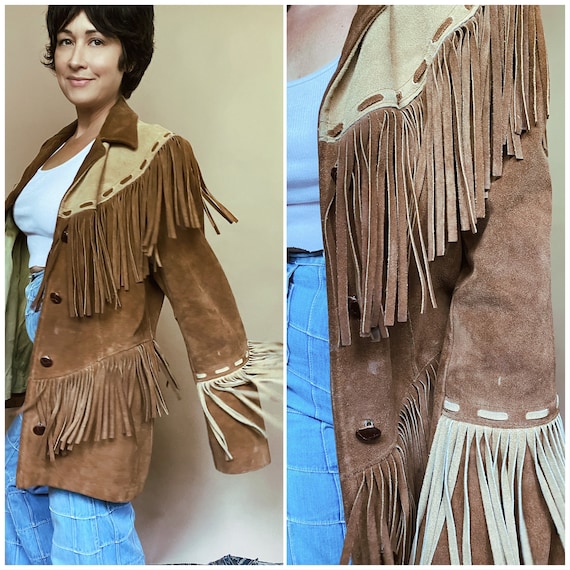 Vtg 50s / 60s Brown Suede Fringe 2 Tone Western Ja