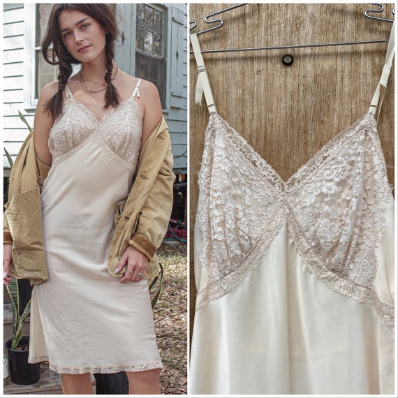 Vtg 60s Ivory Lace Slip Dress /Nightgown / Romanti