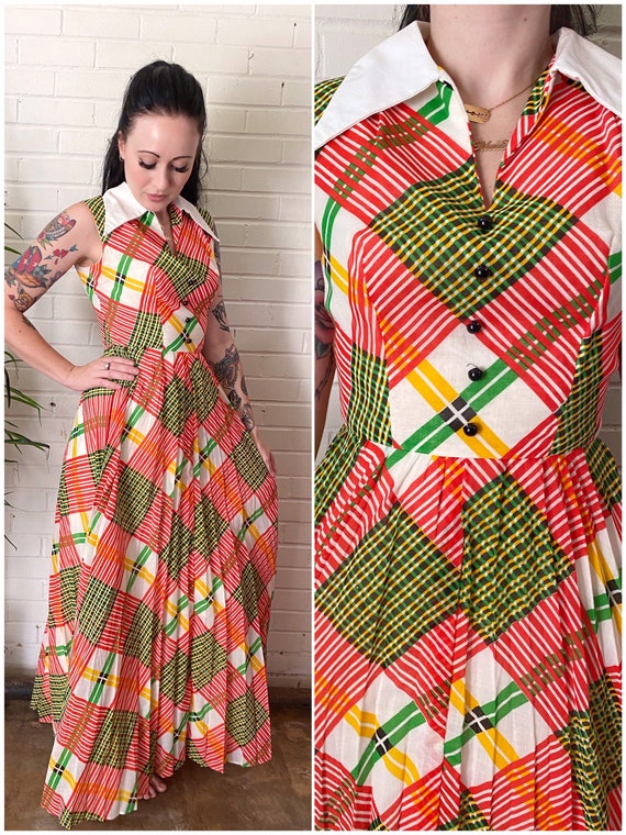 1960s Bright Plaid Accordion Pleat Fit and Flare M