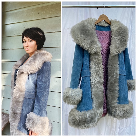 Vtg 70s Penny Lane Blue Crushed Velvet Coat / Faux